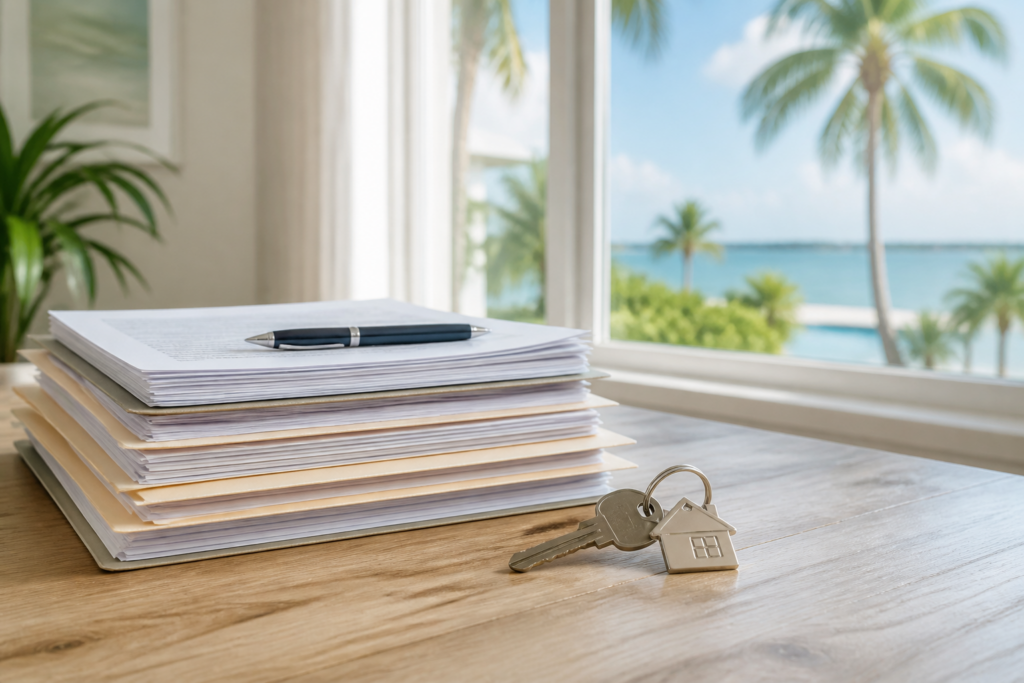 Title documents and house key on a table for a Florida homebuyer closing