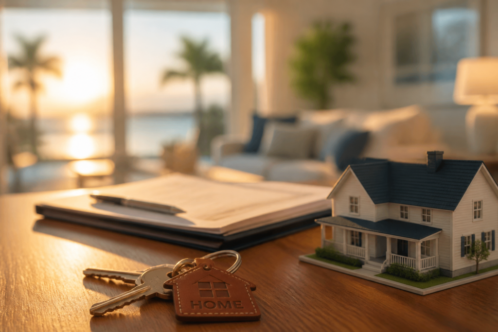 House keys, model home, and mortgage documents with a warm coastal sunset view